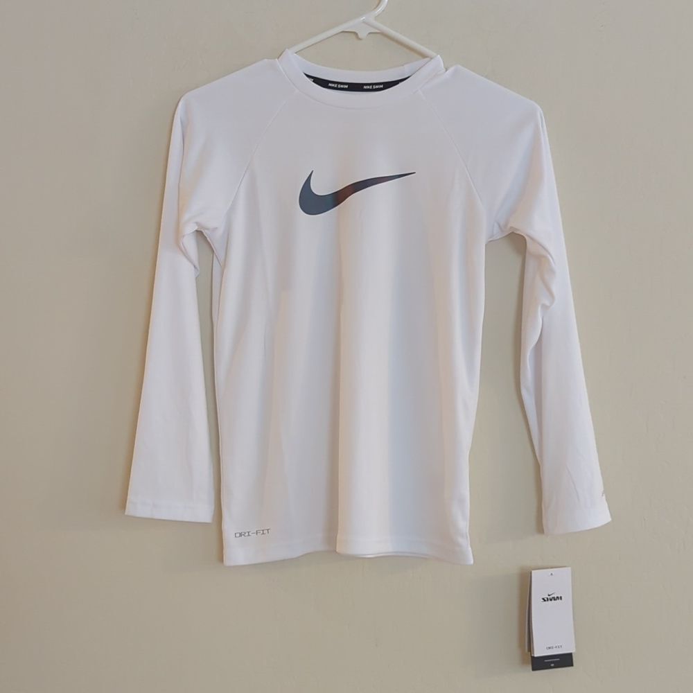NWT Nike Girls Swim White Long Sleeve Shirt Rash Guard UPF 40+ - Size M